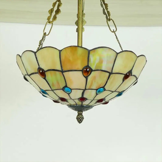 DecorBites™ DecorBites™ Stained Glass Semi Flush Ceiling Light with Jewel Decoration - Retro Style, Yellow/Beige, Various Sizes - Perfect for Bedrooms