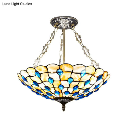 DecorBites™ DecorBites™ Stained Glass Semi Flush Ceiling Light with Jewel Decoration - Retro Style, Yellow/Beige, Various Sizes - Perfect for Bedrooms