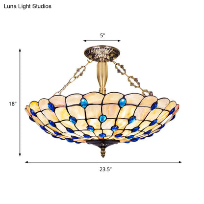 DecorBites™ DecorBites™ Stained Glass Semi Flush Ceiling Light with Jewel Decoration - Retro Style, Yellow/Beige, Various Sizes - Perfect for Bedrooms