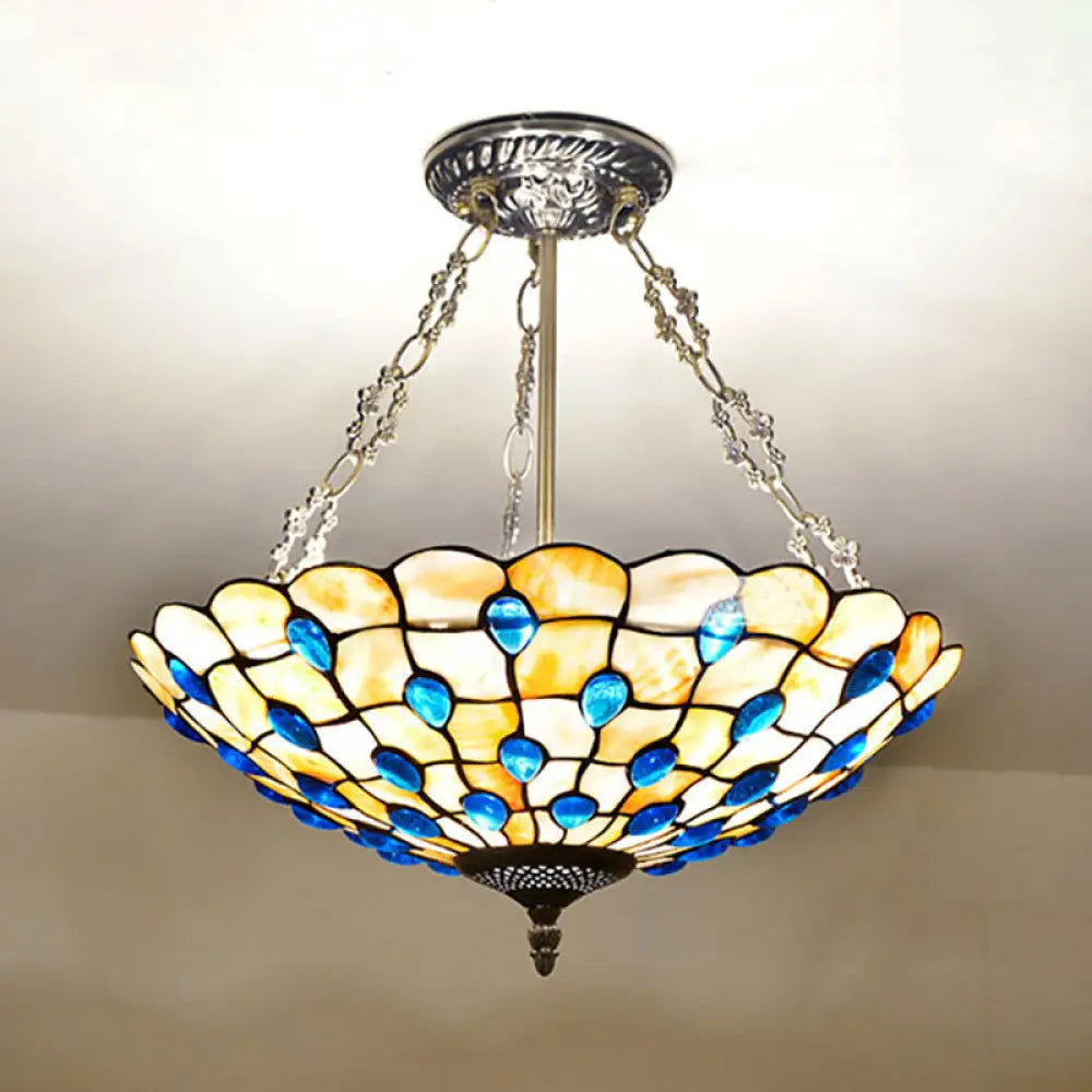 DecorBites™ DecorBites™ Stained Glass Semi Flush Ceiling Light with Jewel Decoration - Retro Style, Yellow/Beige, Various Sizes - Perfect for Bedrooms