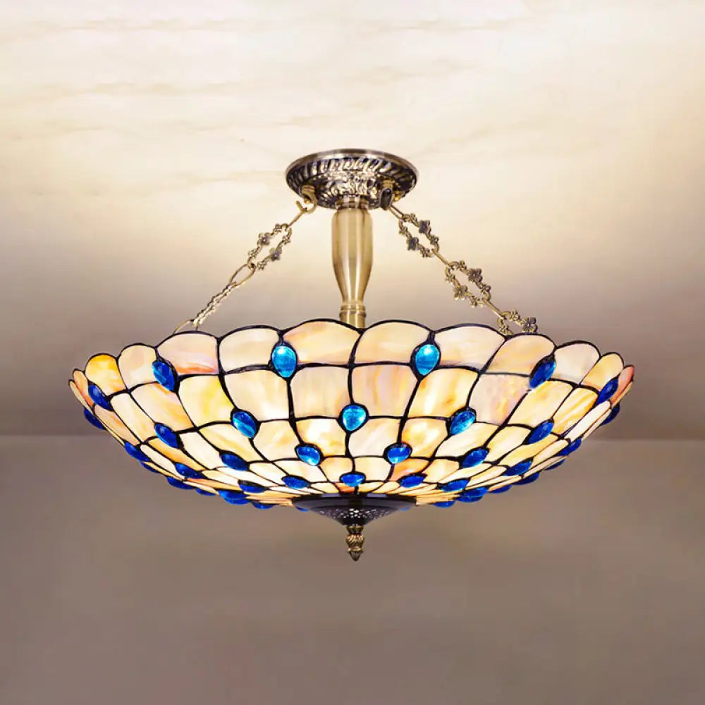 DecorBites™ DecorBites™ Stained Glass Semi Flush Ceiling Light with Jewel Decoration - Retro Style, Yellow/Beige, Various Sizes - Perfect for Bedrooms