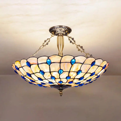DecorBites™ DecorBites™ Stained Glass Semi Flush Ceiling Light with Jewel Decoration - Retro Style, Yellow/Beige, Various Sizes - Perfect for Bedrooms