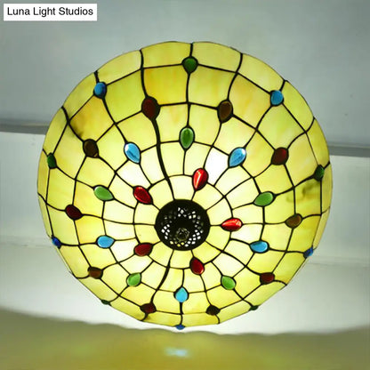 DecorBites™ DecorBites™ Stained Glass Semi Flush Ceiling Light with Jewel Decoration - Retro Style, Yellow/Beige, Various Sizes - Perfect for Bedrooms