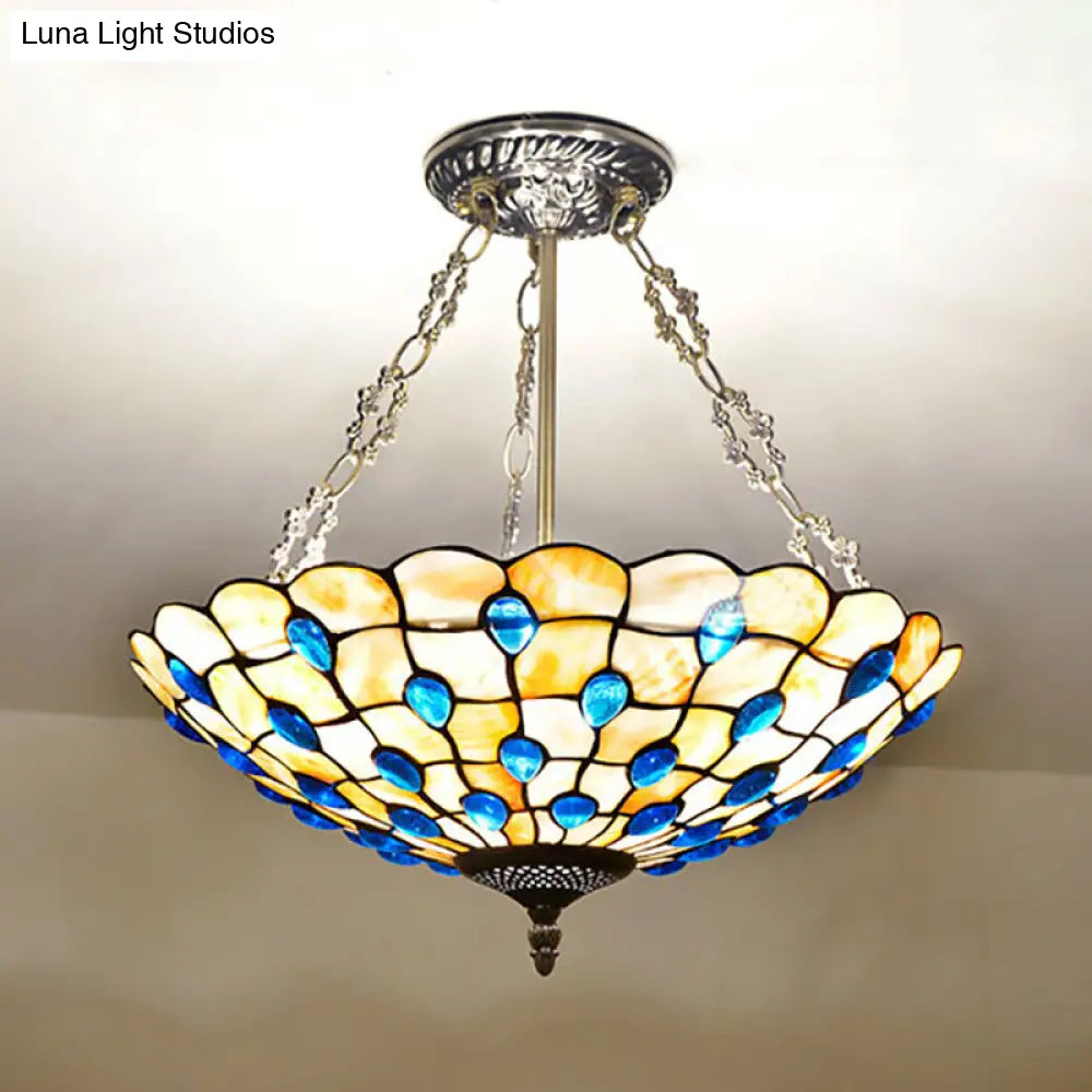 DecorBites™ DecorBites™ Stained Glass Semi Flush Ceiling Light with Jewel Decoration - Retro Style, Yellow/Beige, Various Sizes - Perfect for Bedrooms