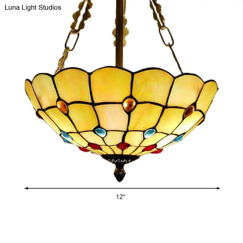 DecorBites™ DecorBites™ Stained Glass Semi Flush Ceiling Light with Jewel Decoration - Retro Style, Yellow/Beige, Various Sizes - Perfect for Bedrooms