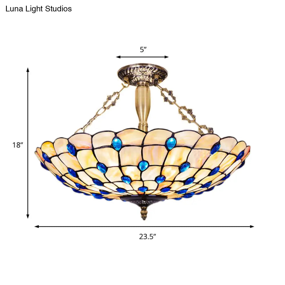 DecorBites™ DecorBites™ Stained Glass Semi Flush Ceiling Light with Jewel Decoration - Retro Style, Yellow/Beige, Various Sizes - Perfect for Bedrooms