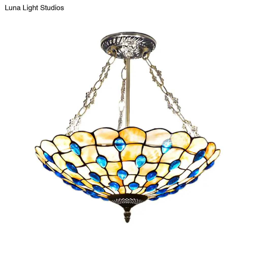 DecorBites™ DecorBites™ Stained Glass Semi Flush Ceiling Light with Jewel Decoration - Retro Style, Yellow/Beige, Various Sizes - Perfect for Bedrooms