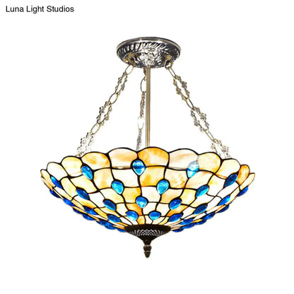 DecorBites™ DecorBites™ Stained Glass Semi Flush Ceiling Light with Jewel Decoration - Retro Style, Yellow/Beige, Various Sizes - Perfect for Bedrooms