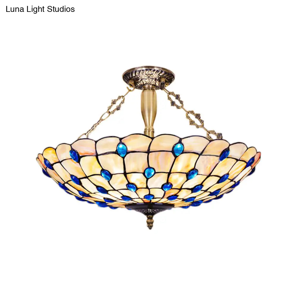 DecorBites™ DecorBites™ Stained Glass Semi Flush Ceiling Light with Jewel Decoration - Retro Style, Yellow/Beige, Various Sizes - Perfect for Bedrooms