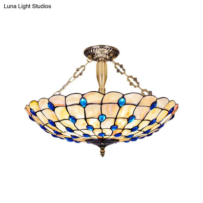 DecorBites™ DecorBites™ Stained Glass Semi Flush Ceiling Light with Jewel Decoration - Retro Style, Yellow/Beige, Various Sizes - Perfect for Bedrooms