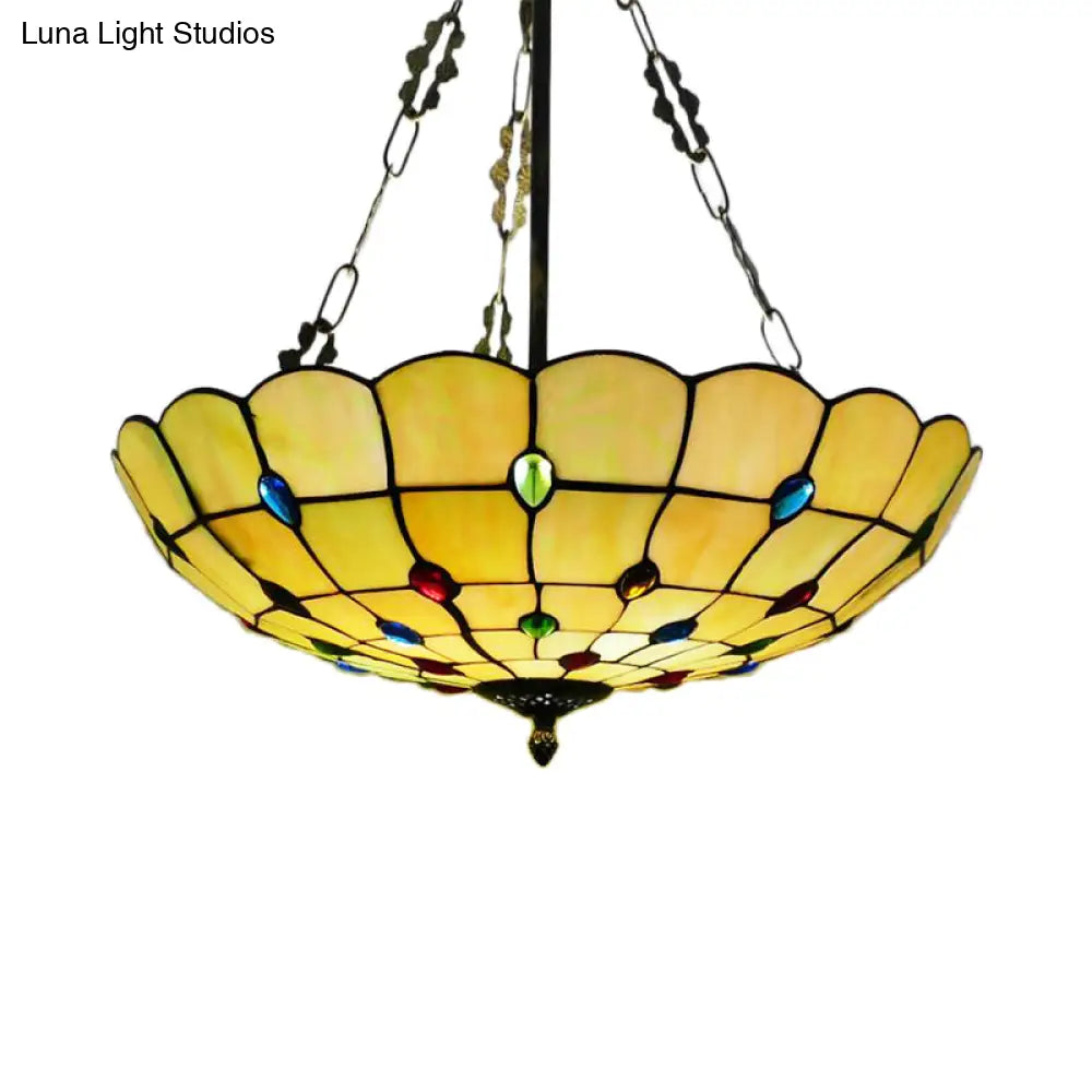 DecorBites™ DecorBites™ Stained Glass Semi Flush Ceiling Light with Jewel Decoration - Retro Style, Yellow/Beige, Various Sizes - Perfect for Bedrooms