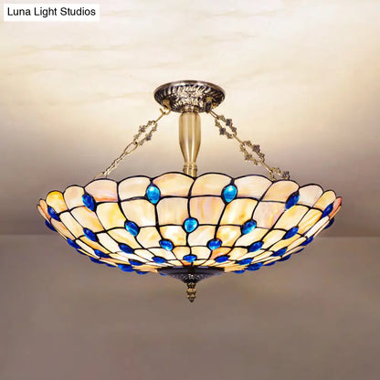 DecorBites™ DecorBites™ Stained Glass Semi Flush Ceiling Light with Jewel Decoration - Retro Style, Yellow/Beige, Various Sizes - Perfect for Bedrooms