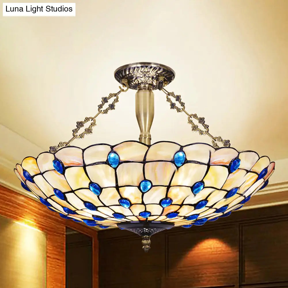 DecorBites™ DecorBites™ Stained Glass Semi Flush Ceiling Light with Jewel Decoration - Retro Style, Yellow/Beige, Various Sizes - Perfect for Bedrooms