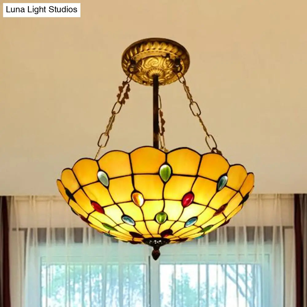 DecorBites™ DecorBites™ Stained Glass Semi Flush Ceiling Light with Jewel Decoration - Retro Style, Yellow/Beige, Various Sizes - Perfect for Bedrooms