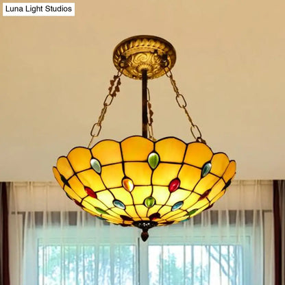 DecorBites™ DecorBites™ Stained Glass Semi Flush Ceiling Light with Jewel Decoration - Retro Style, Yellow/Beige, Various Sizes - Perfect for Bedrooms