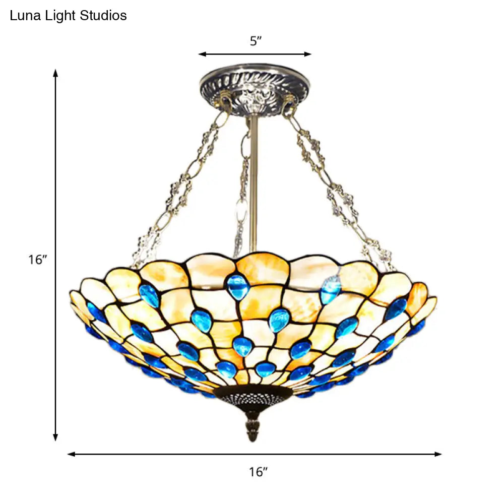 DecorBites™ DecorBites™ Stained Glass Semi Flush Ceiling Light with Jewel Decoration - Retro Style, Yellow/Beige, Various Sizes - Perfect for Bedrooms