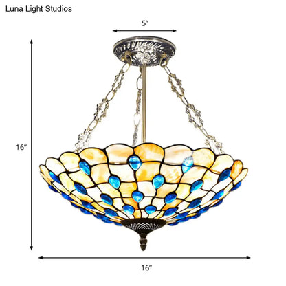 DecorBites™ DecorBites™ Stained Glass Semi Flush Ceiling Light with Jewel Decoration - Retro Style, Yellow/Beige, Various Sizes - Perfect for Bedrooms