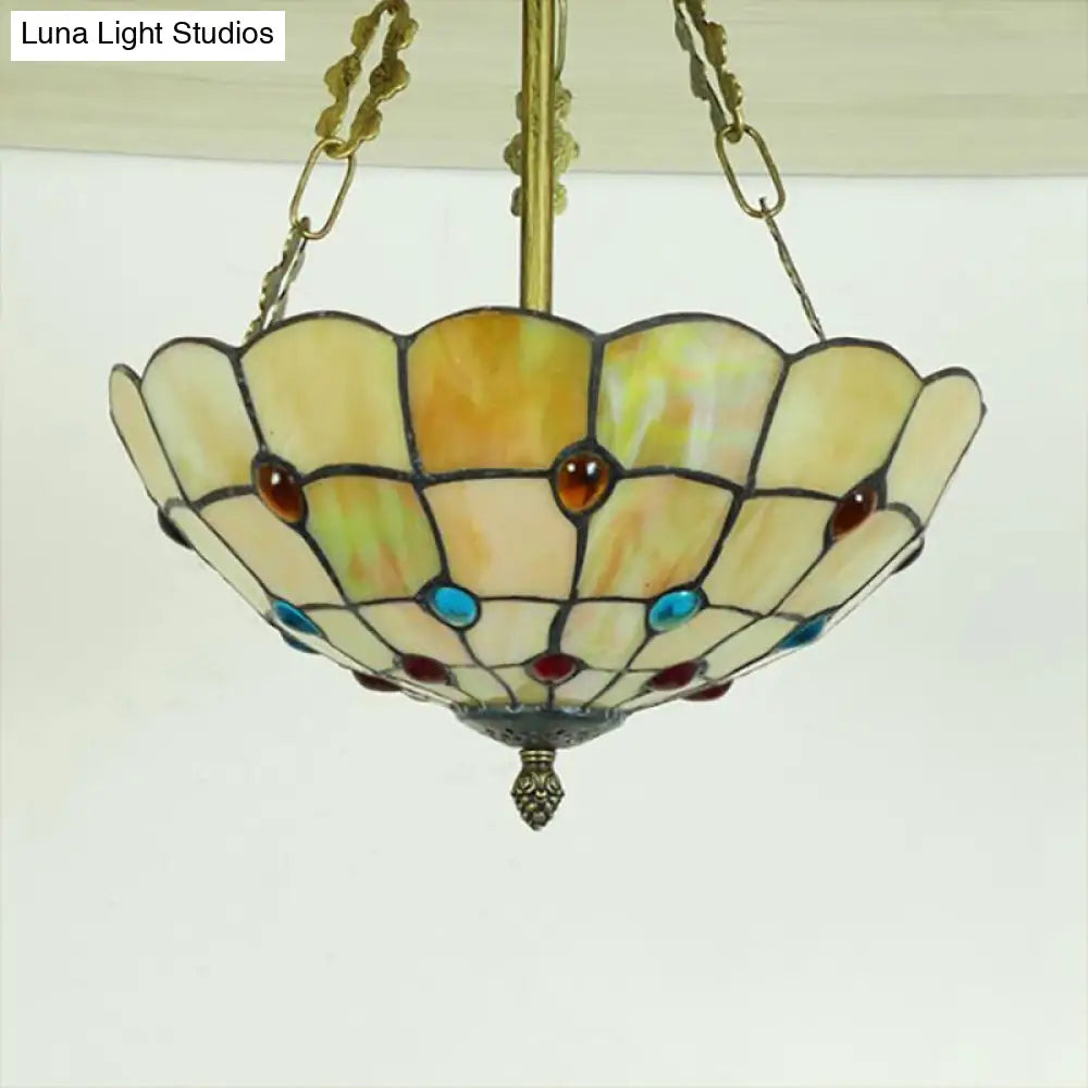 DecorBites™ DecorBites™ Stained Glass Semi Flush Ceiling Light with Jewel Decoration - Retro Style, Yellow/Beige, Various Sizes - Perfect for Bedrooms