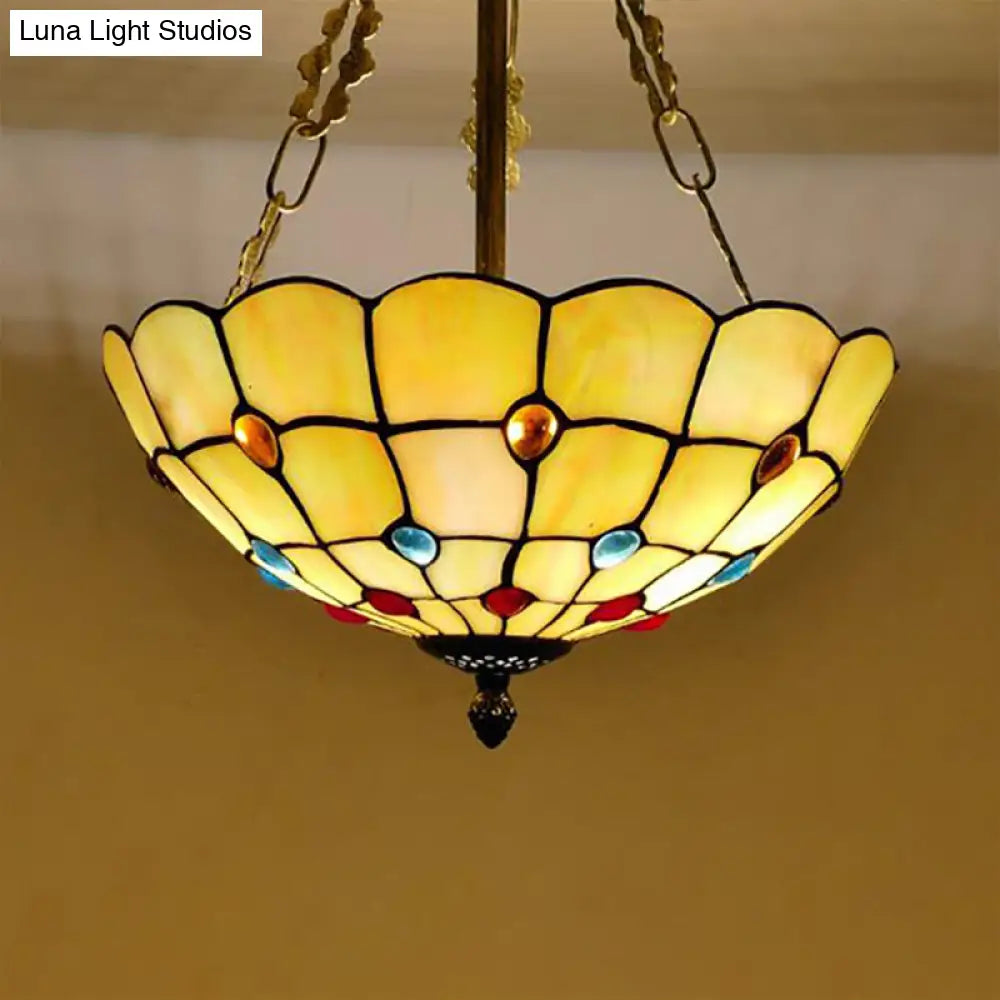 DecorBites™ DecorBites™ Stained Glass Semi Flush Ceiling Light with Jewel Decoration - Retro Style, Yellow/Beige, Various Sizes - Perfect for Bedrooms