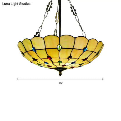 DecorBites™ DecorBites™ Stained Glass Semi Flush Ceiling Light with Jewel Decoration - Retro Style, Yellow/Beige, Various Sizes - Perfect for Bedrooms