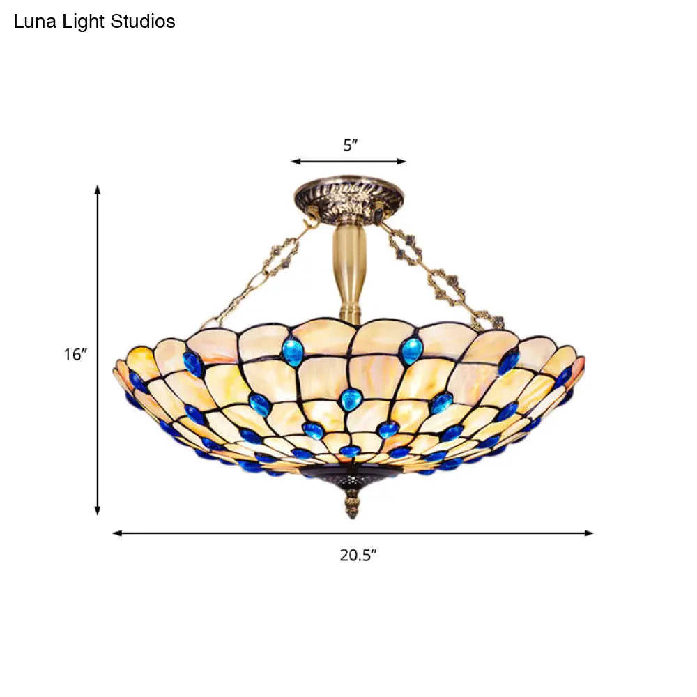 DecorBites™ DecorBites™ Stained Glass Semi Flush Ceiling Light with Jewel Decoration - Retro Style, Yellow/Beige, Various Sizes - Perfect for Bedrooms