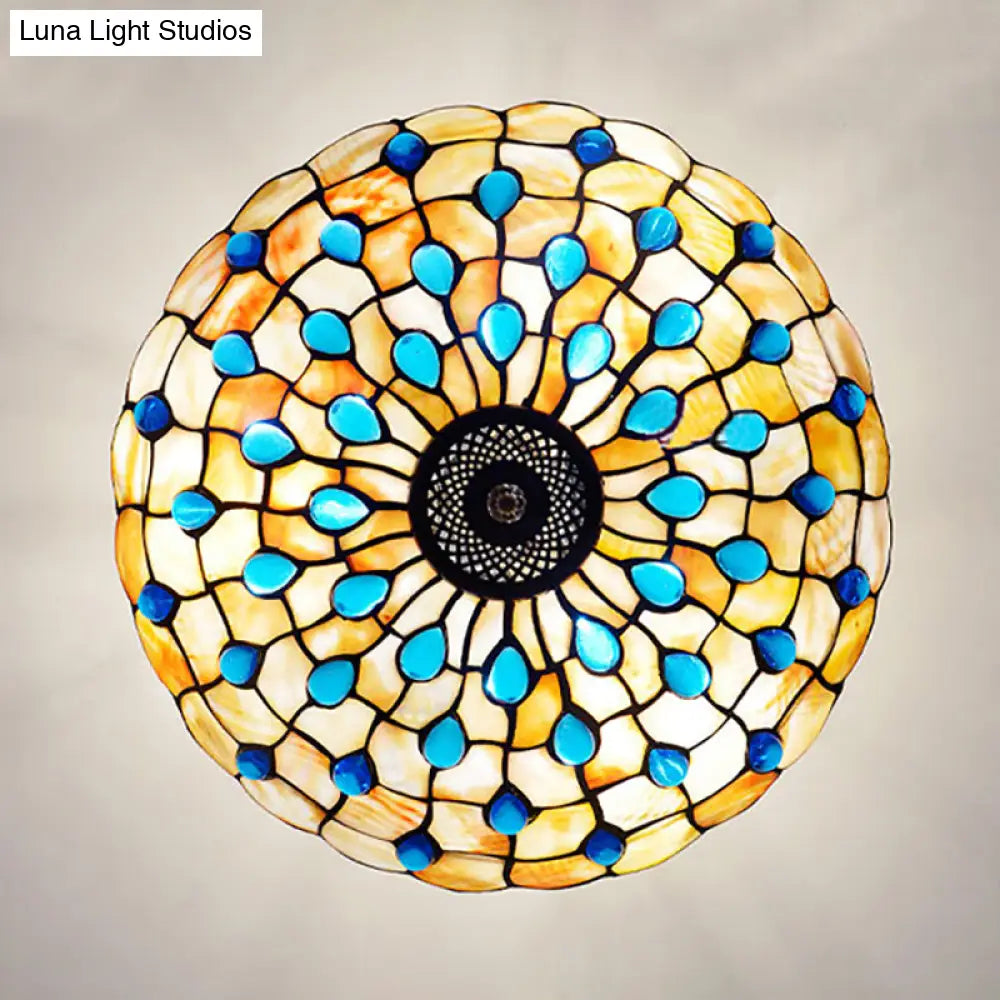 DecorBites™ DecorBites™ Stained Glass Semi Flush Ceiling Light with Jewel Decoration - Retro Style, Yellow/Beige, Various Sizes - Perfect for Bedrooms
