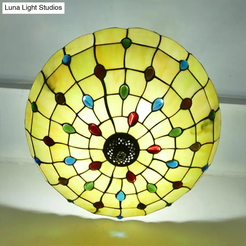 DecorBites™ DecorBites™ Stained Glass Semi Flush Ceiling Light with Jewel Decoration - Retro Style, Yellow/Beige, Various Sizes - Perfect for Bedrooms