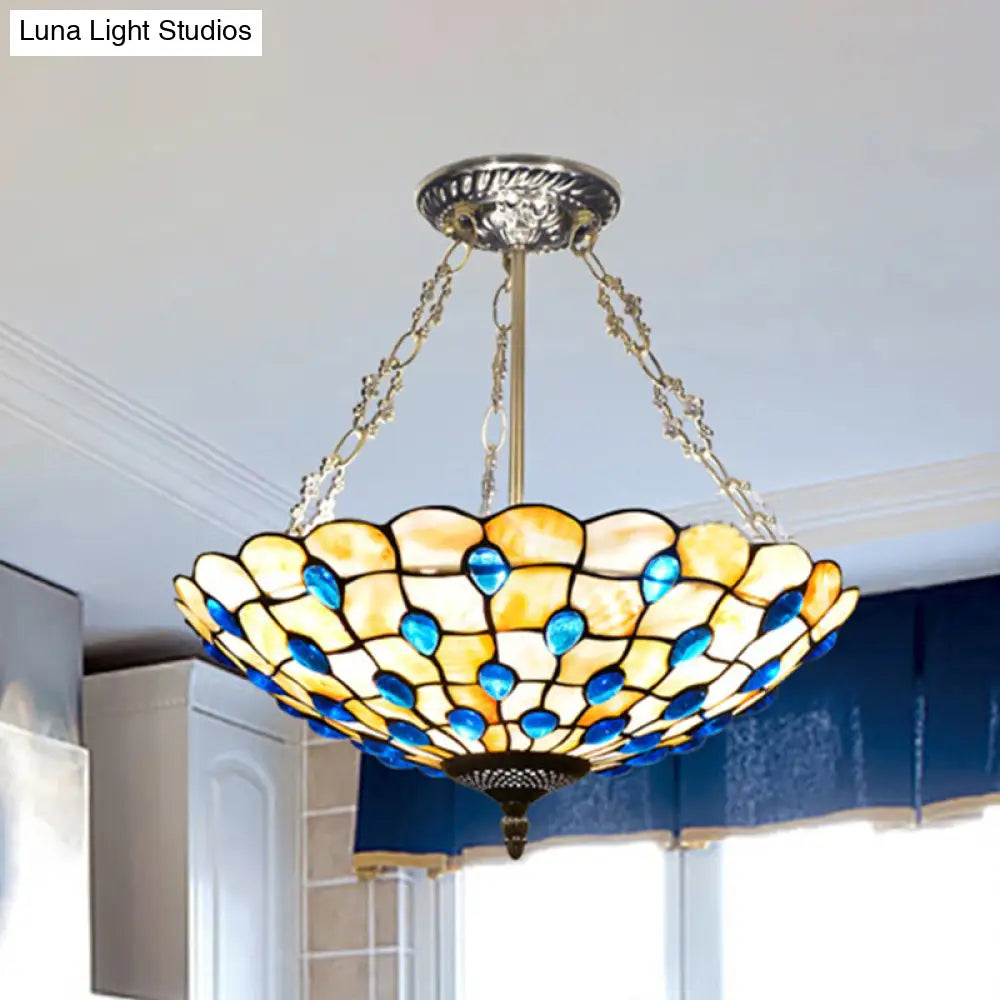 DecorBites™ DecorBites™ Stained Glass Semi Flush Ceiling Light with Jewel Decoration - Retro Style, Yellow/Beige, Various Sizes - Perfect for Bedrooms