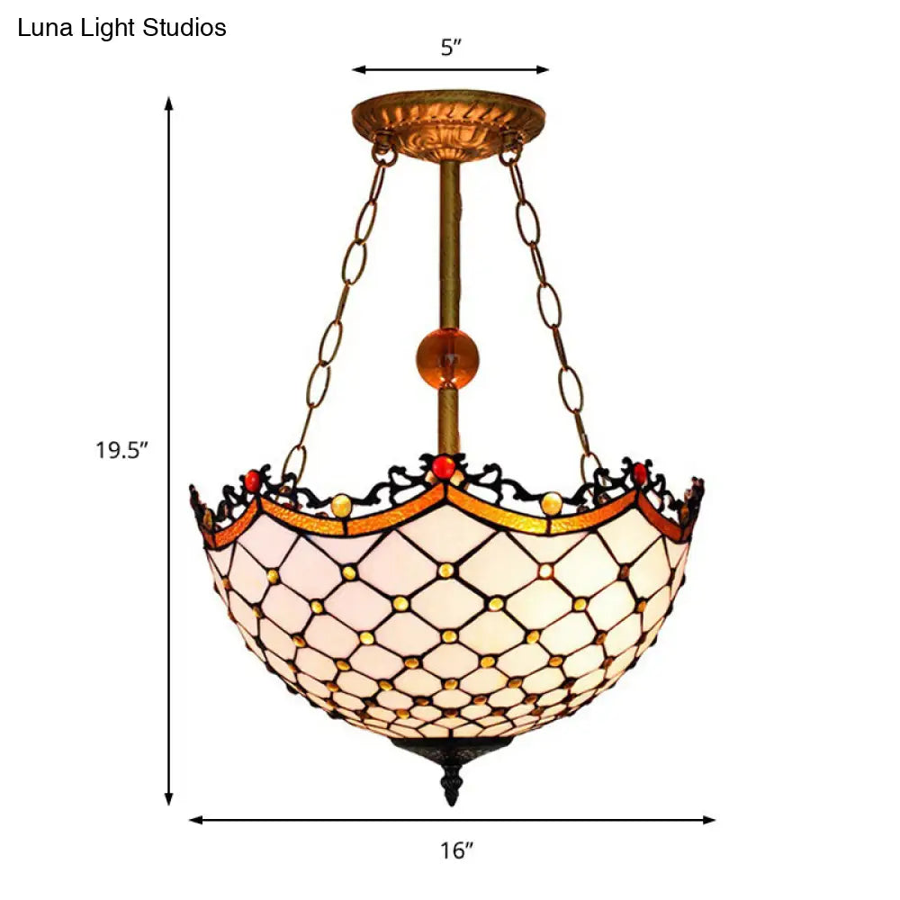 Stained Glass Semi Flushmount with Scalloped Inverted Design - 3 Lights for Traditional Living Room