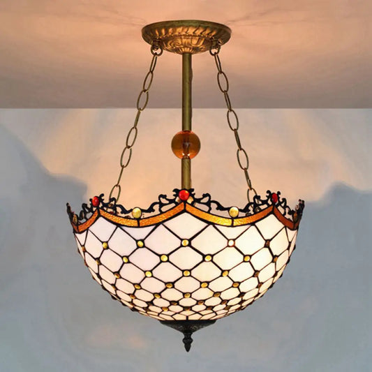 Stained Glass Semi Flushmount with Scalloped Inverted Design - 3 Lights for Traditional Living Room