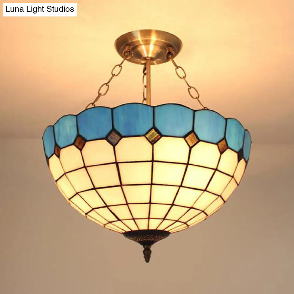 Stained Glass Semi Globe Chandelier with Hanging Rod in Blue/Brown for Foyer Pendant Light