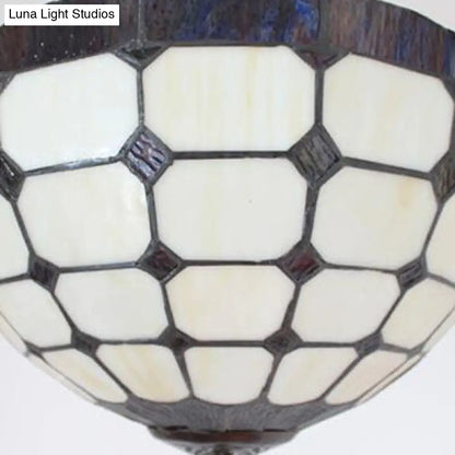 Stained Glass Semi Globe Chandelier with Hanging Rod in Blue/Brown for Foyer Pendant Light