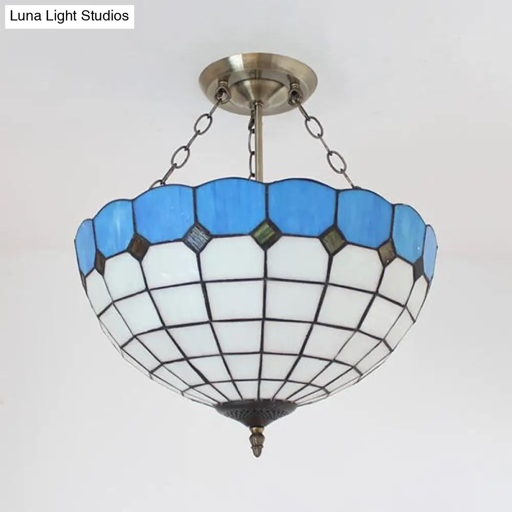 Stained Glass Semi Globe Chandelier with Hanging Rod in Blue/Brown for Foyer Pendant Light