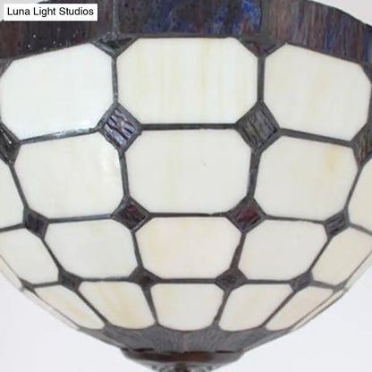 Stained Glass Semi Globe Chandelier with Hanging Rod in Blue/Brown for Foyer Pendant Light