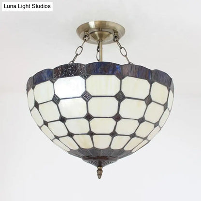 Stained Glass Semi Globe Chandelier with Hanging Rod in Blue/Brown for Foyer Pendant Light