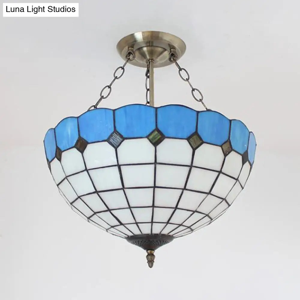 Stained Glass Semi Globe Chandelier with Hanging Rod in Blue/Brown for Foyer Pendant Light