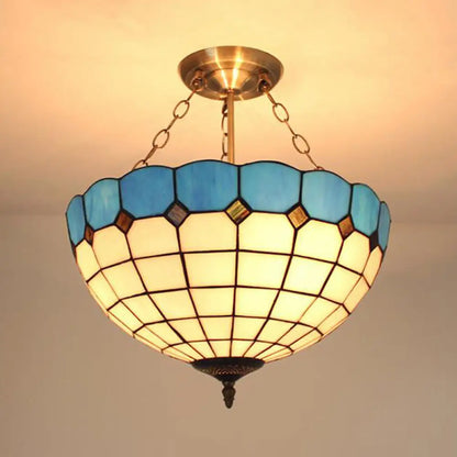 Stained Glass Semi Globe Chandelier with Hanging Rod in Blue/Brown for Foyer Pendant Light