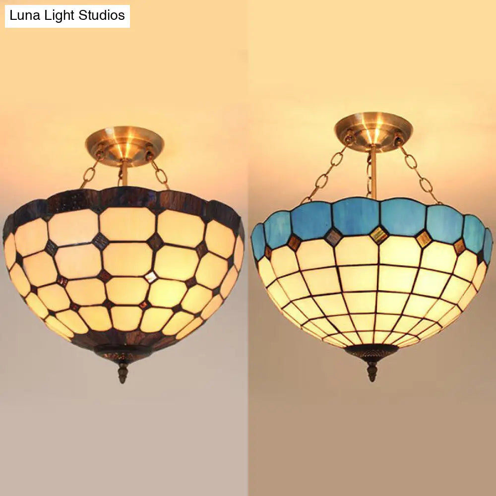 Stained Glass Semi Globe Chandelier with Hanging Rod in Blue/Brown for Foyer Pendant Light