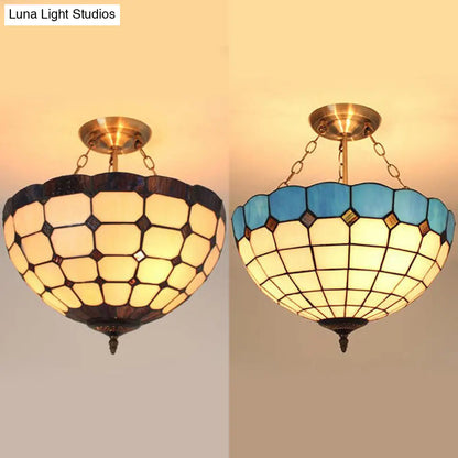 Stained Glass Semi Globe Chandelier with Hanging Rod in Blue/Brown for Foyer Pendant Light