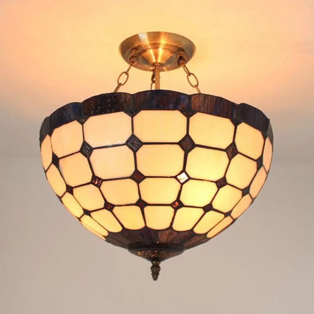 Stained Glass Semi Globe Chandelier with Hanging Rod in Blue/Brown for Foyer Pendant Light