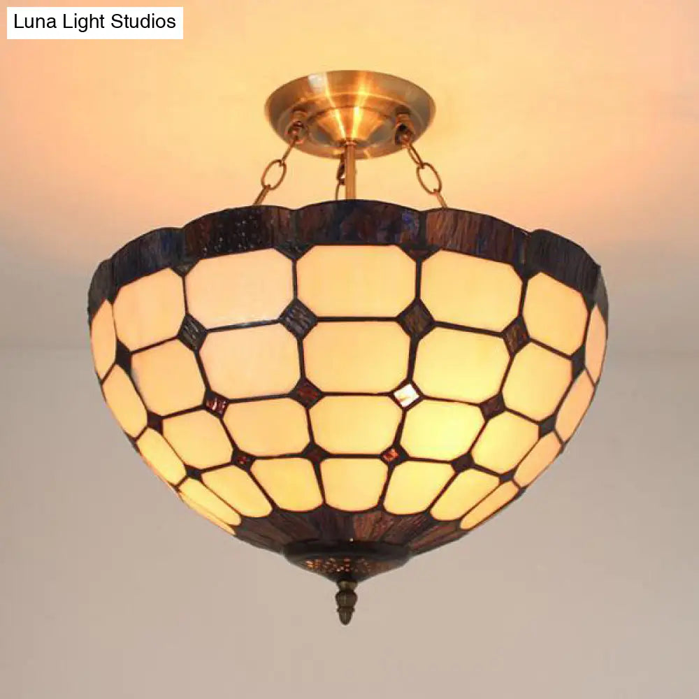 Stained Glass Semi Globe Chandelier with Hanging Rod in Blue/Brown for Foyer Pendant Light