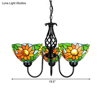 Stained Glass Sunflower Chandelier with Green Bowl Shade and Curved Arm Pendant Light