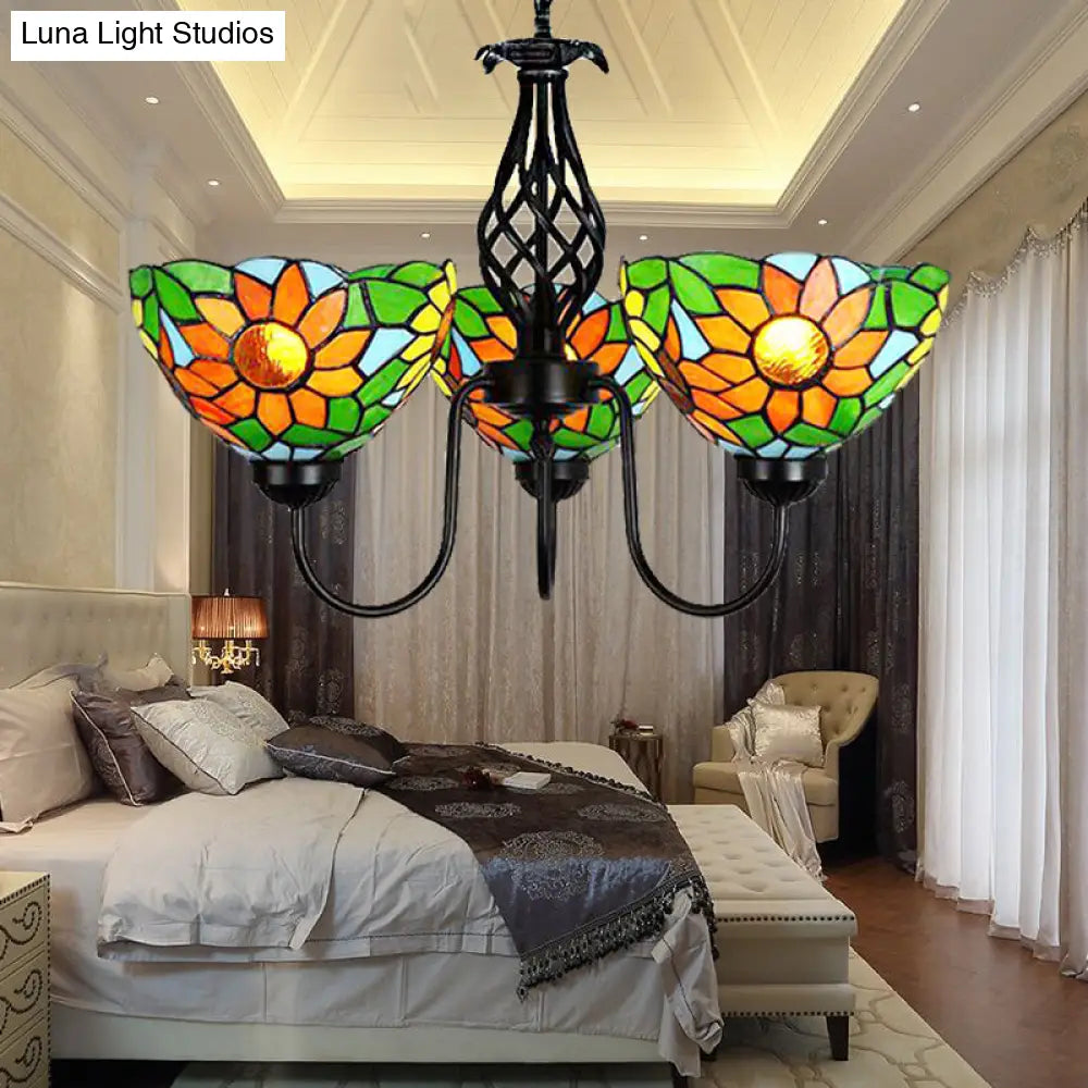 Stained Glass Sunflower Chandelier with Green Bowl Shade and Curved Arm Pendant Light