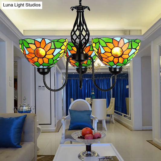 Stained Glass Sunflower Chandelier with Green Bowl Shade and Curved Arm Pendant Light