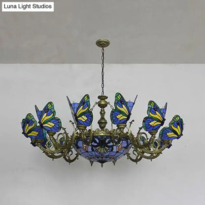 Stained Glass Tiffany Chandelier - Butterfly Indoor Pendant Light in Blue Tones for Hallway