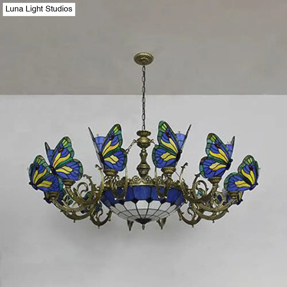 Stained Glass Tiffany Chandelier - Butterfly Indoor Pendant Light in Blue Tones for Hallway