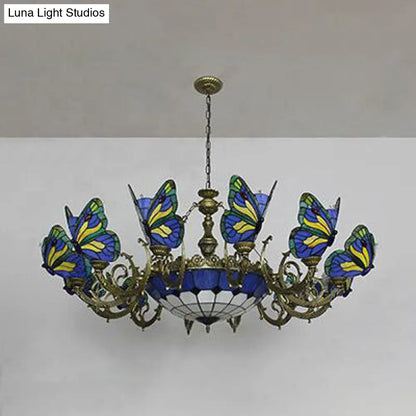 Stained Glass Tiffany Chandelier - Butterfly Indoor Pendant Light in Blue Tones for Hallway