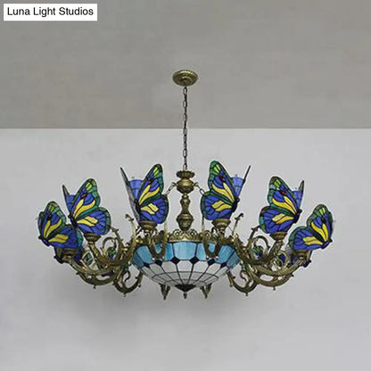 Stained Glass Tiffany Chandelier - Butterfly Indoor Pendant Light in Blue Tones for Hallway
