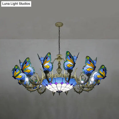 Stained Glass Tiffany Chandelier - Butterfly Indoor Pendant Light in Blue Tones for Hallway