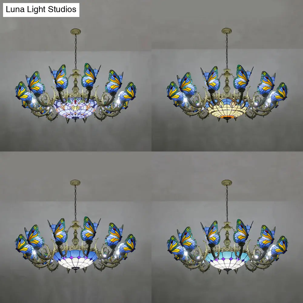 Stained Glass Tiffany Chandelier - Butterfly Indoor Pendant Light in Blue Tones for Hallway